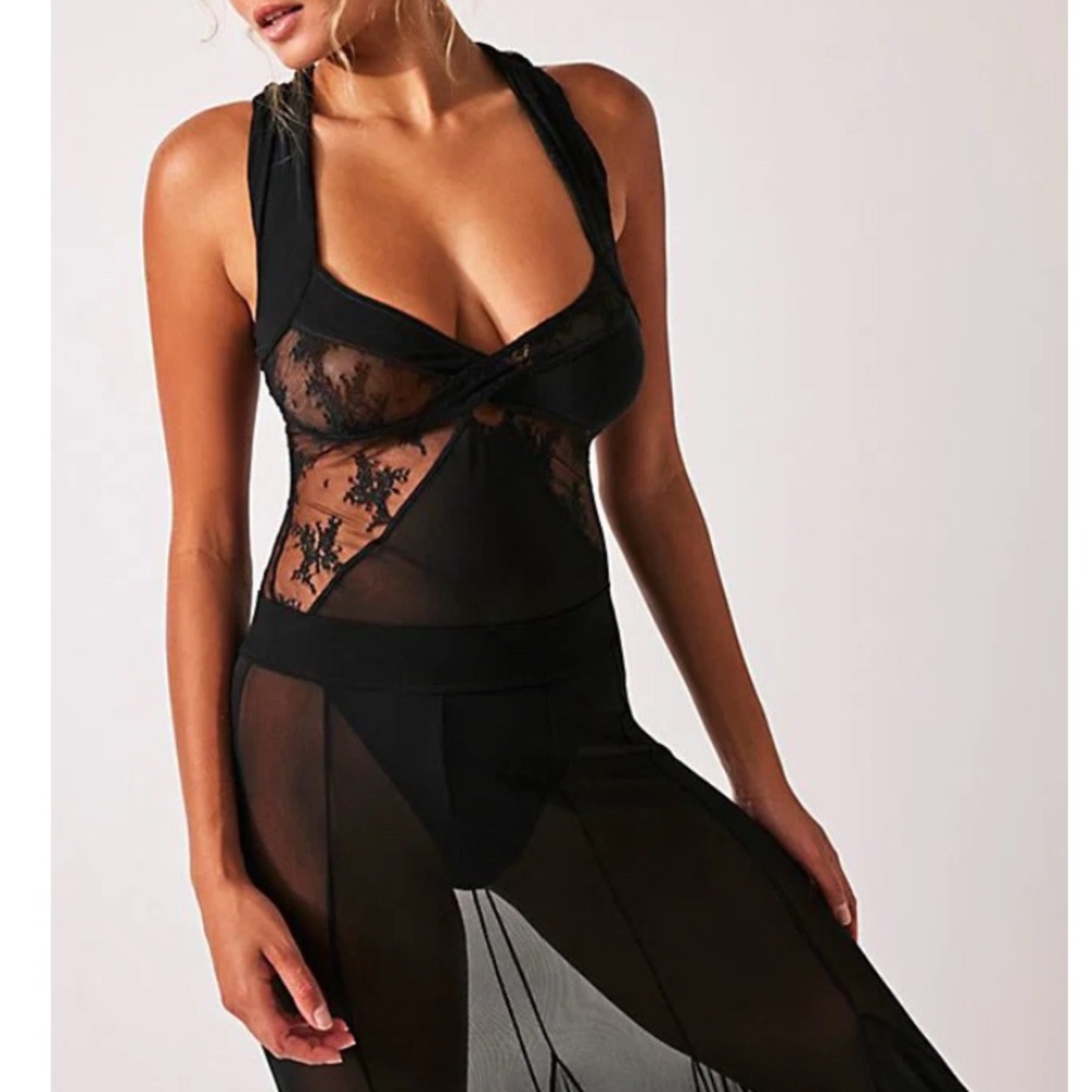 Free People Intimates Black Lace One-Piece Bodysuit